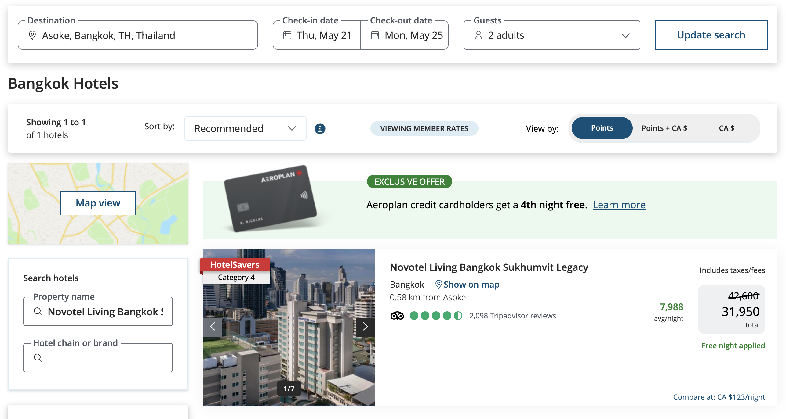 Aeroplan HotelSavers result for Novotel Living Bangkok Sukhumvit Legacy showing 31,950 points total with Fourth Night Free applied