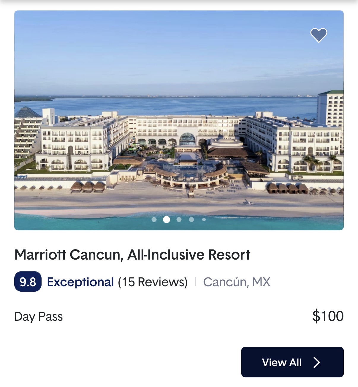 Marriott Cancun All-Inclusive Resort listing on ResortPass showing a $100 day pass