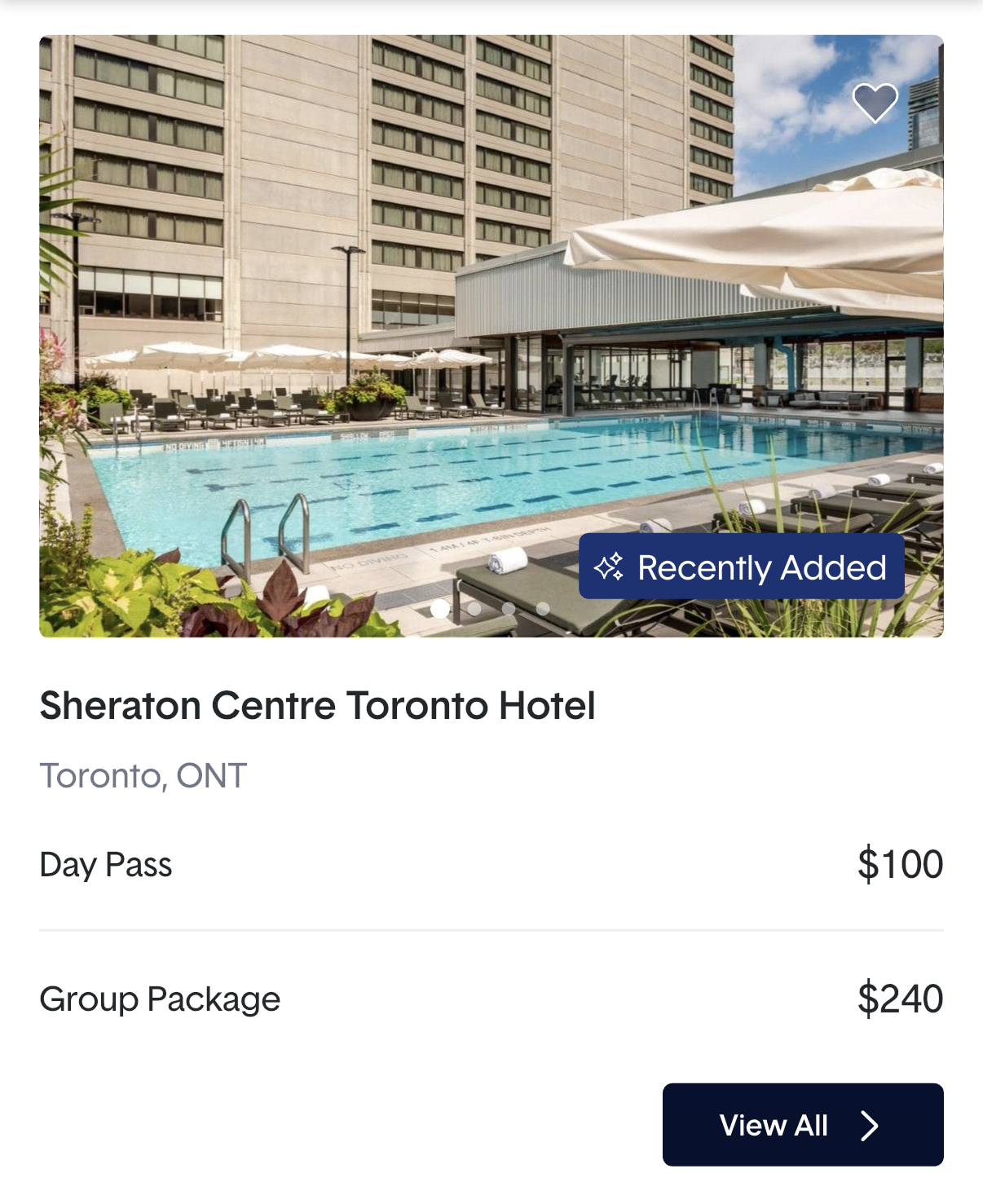 Sheraton Centre Toronto Hotel listing on ResortPass showing a $100 day pass and $240 group package