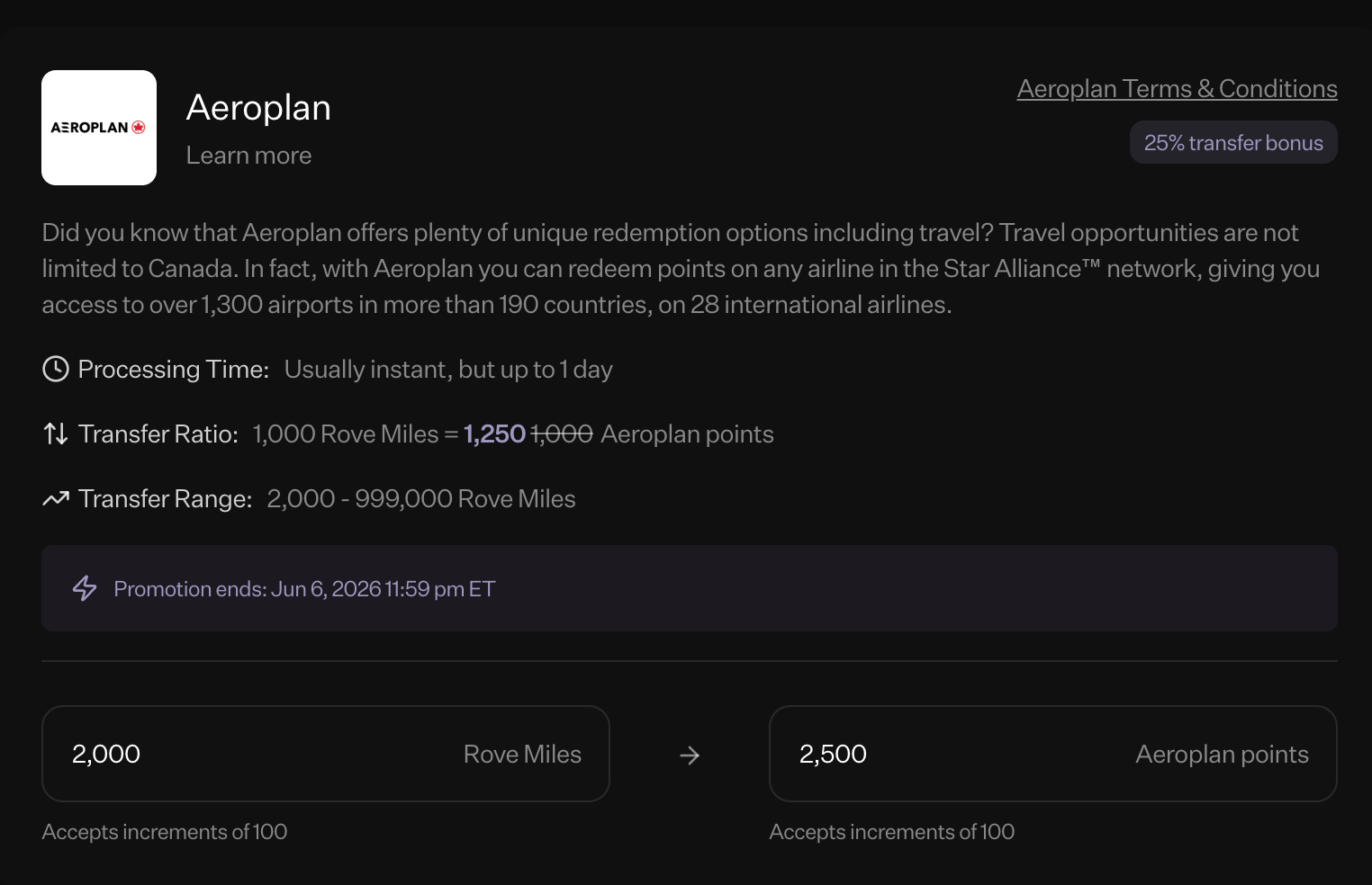 Rove Miles transfer page showing 25% bonus to Aeroplan