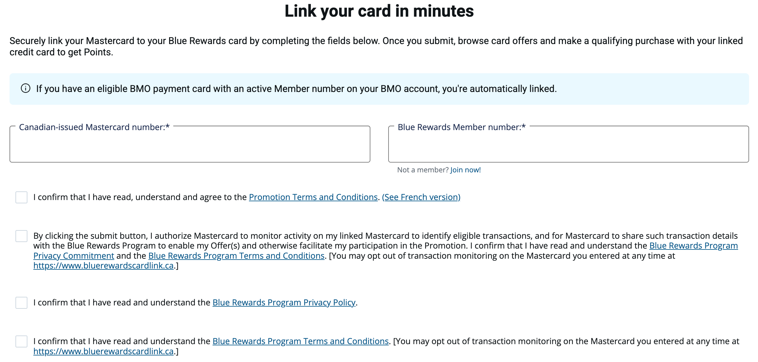 Link your Mastercard to your Blue Rewards account by entering your card number and Blue Rewards Member number