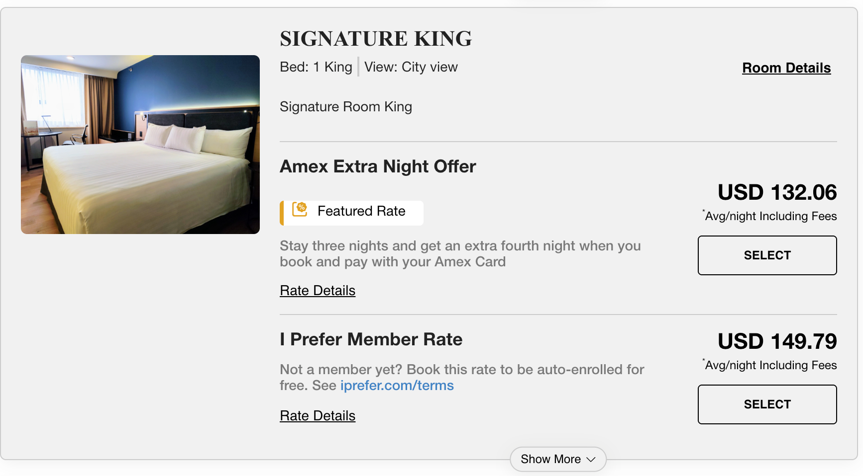 Galeria Plaza Reforma rates: Amex Extra Night Offer at USD 132.06 per night versus the I Prefer Member Rate at USD 149.79 per night