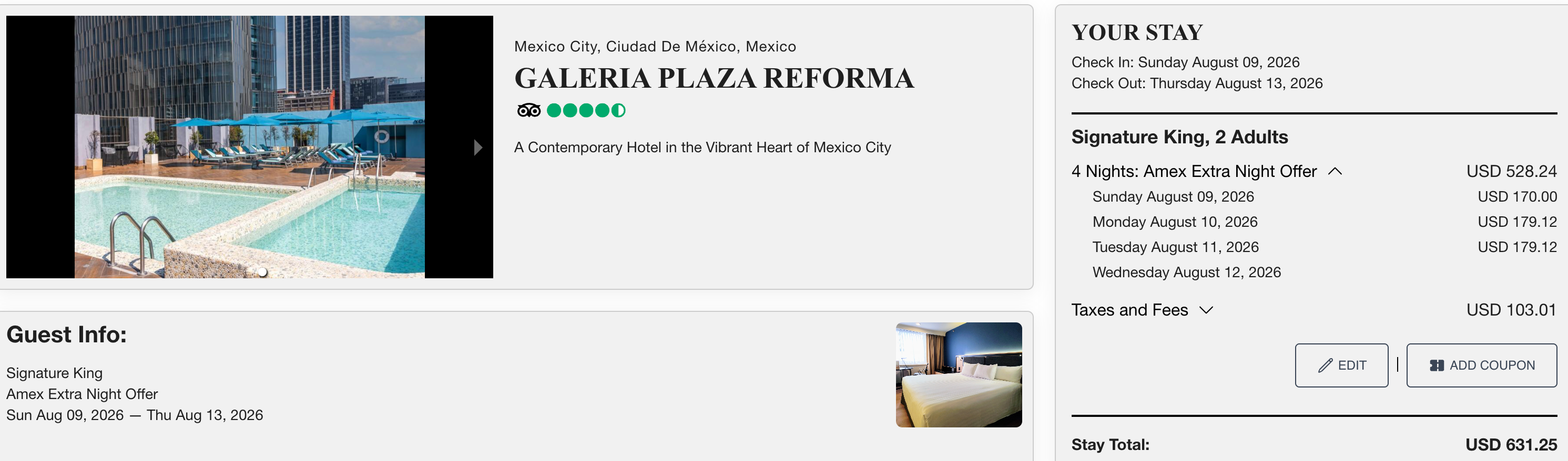 Galeria Plaza Reforma four-night Amex Extra Night Offer booking: three nights charged for USD 528.24 plus USD 103.01 taxes, USD 631.25 total