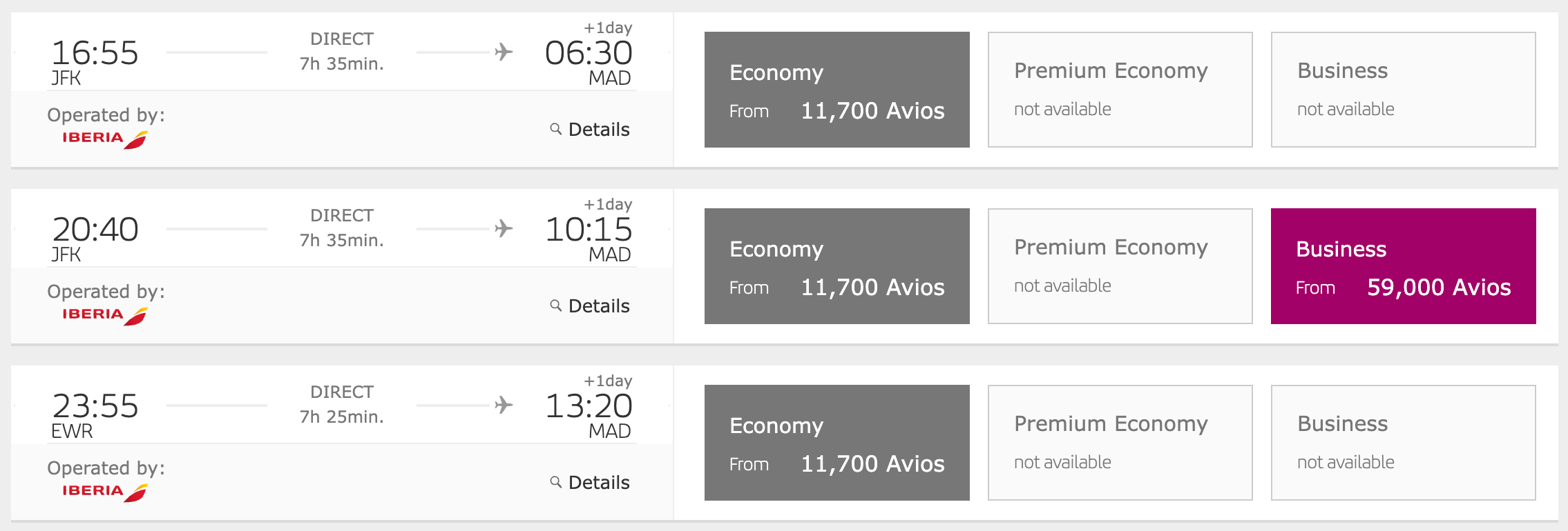 Iberia award booking flight selection showing the discounted economy price in Avios
