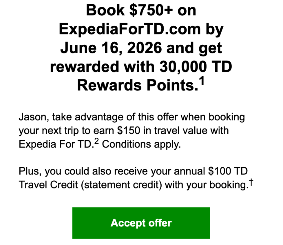 Get 30,000 TD Rewards points when you book a trip at Expedia for TD