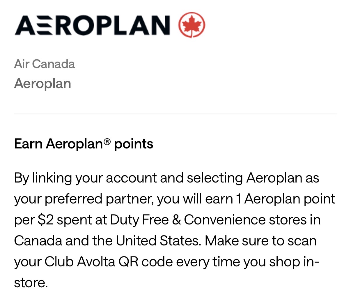 Club Avolta app screen explaining how to earn Aeroplan points