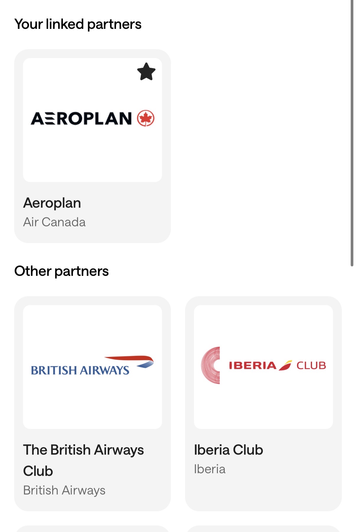 Club Avolta app linked partners screen with Aeroplan set as preferred partner