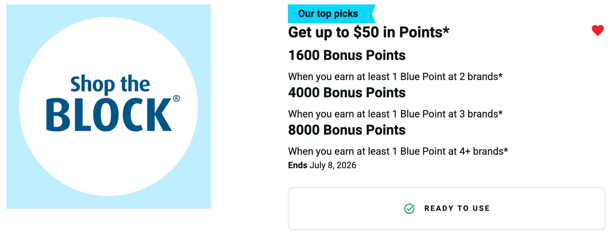 Blue Rewards Shop the Block offer: earn up to $50 in points across two, three, or four-plus brands, ending July 8, 2026