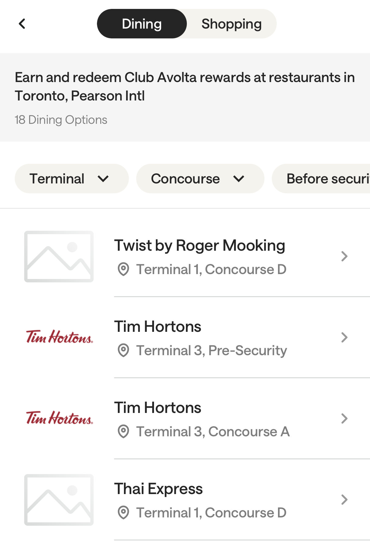 Club Avolta app dining list at Toronto Pearson