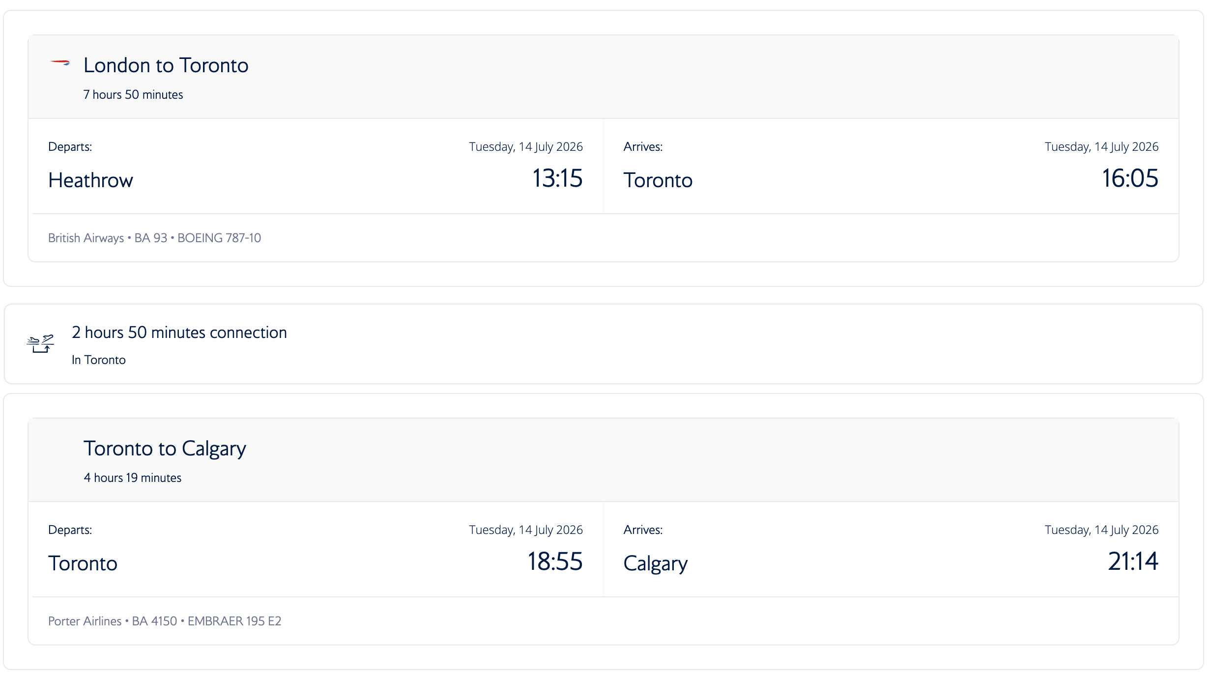 British Airways booking showing the Toronto to Calgary leg operated by Porter Airlines as flight BA 4150