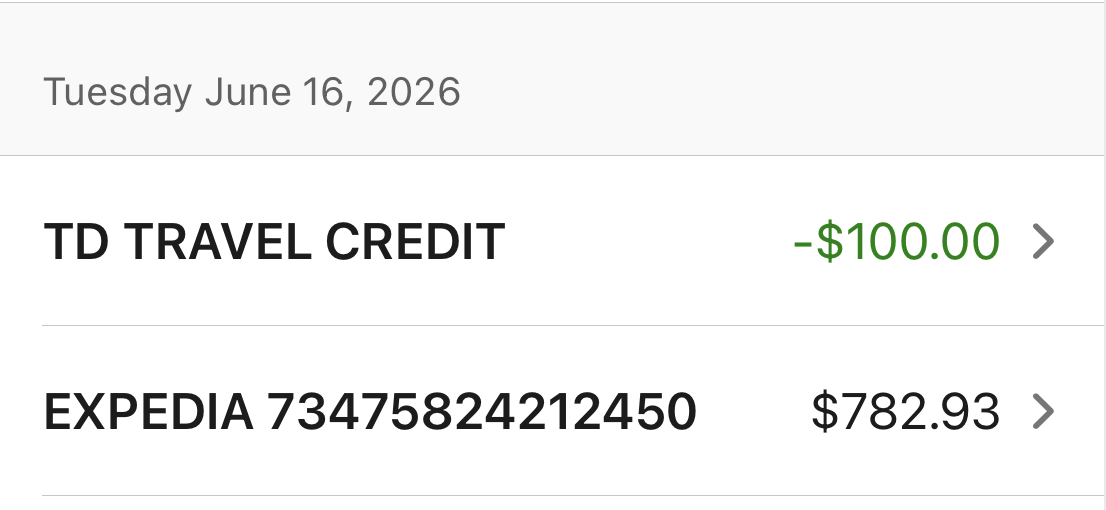 TD First Class Travel Visa Infinite $100 travel credit through Expedia for TD