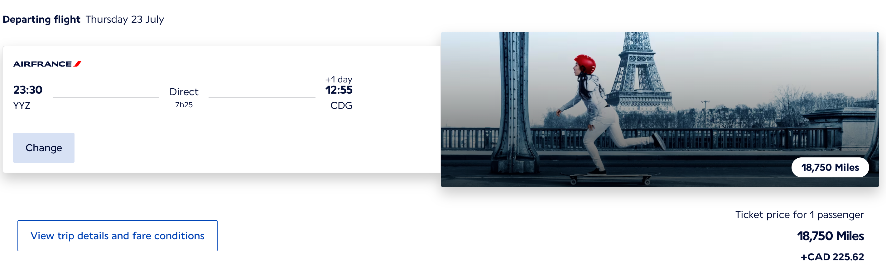 Air France direct flight from Toronto to Paris priced at 18,750 miles with a July 2026 Flying Blue Promo Reward