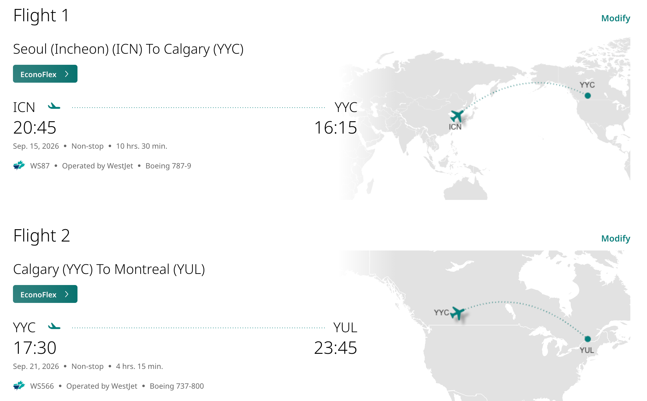 WestJet multi-city booking with a Calgary stopover