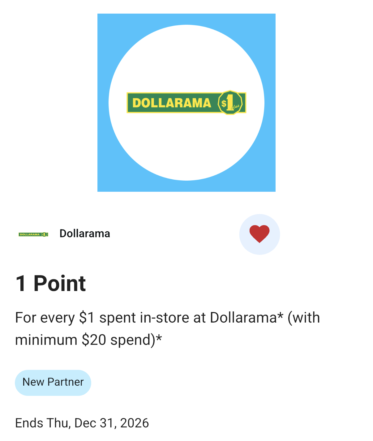 Blue Rewards Dollarama offer: 1 point for every $1 spent in-store on a minimum $20 purchase