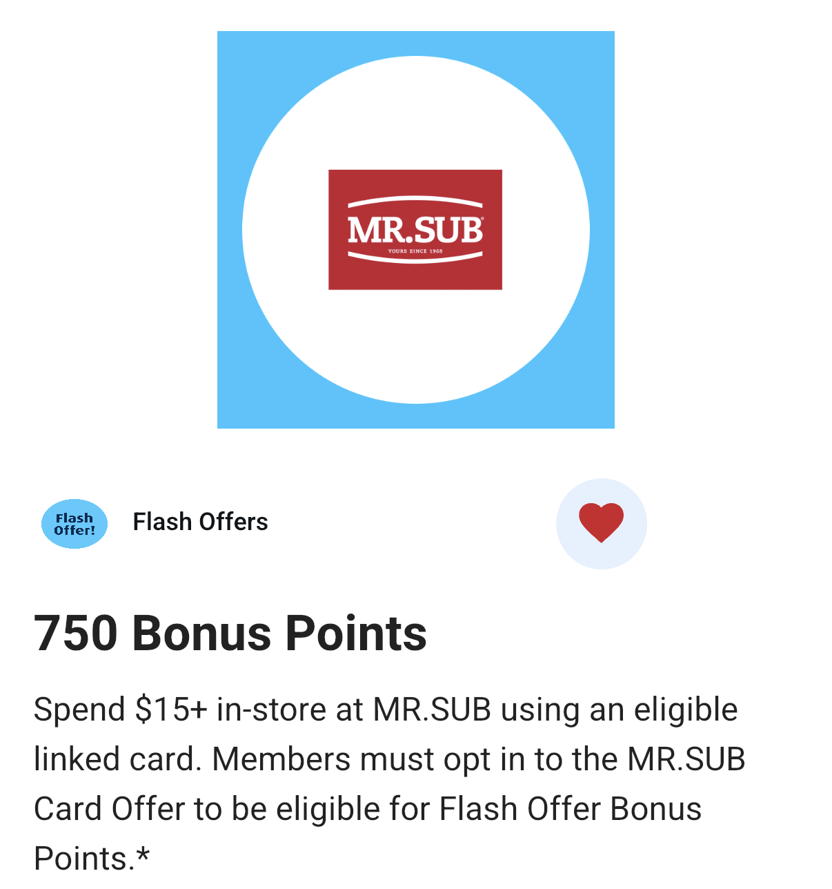 Blue Rewards MR.SUB flash offer for 750 bonus points on a $15 in-store purchase with a linked card