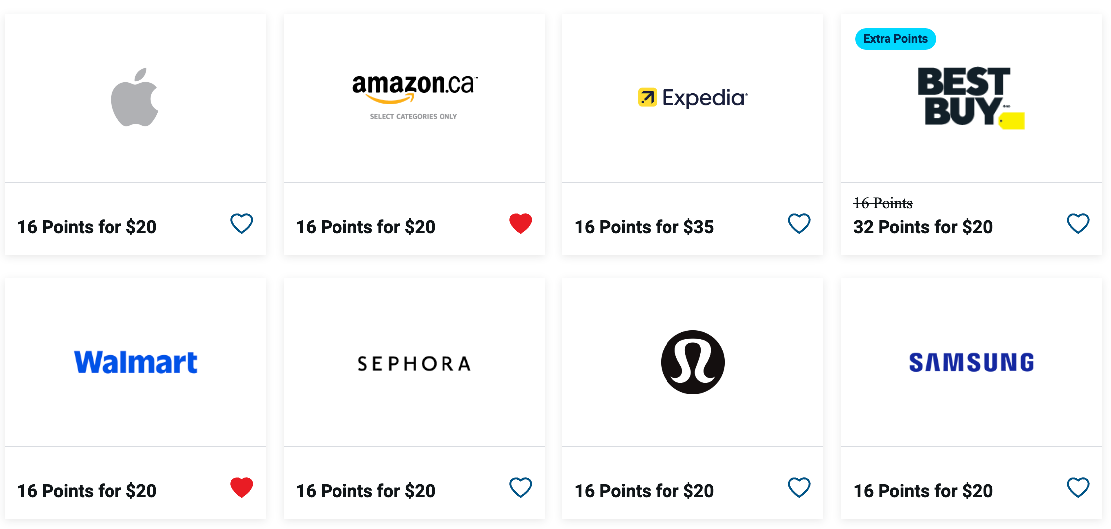 Blue Rewards online portal showing earn rates like 16 points for $20 at Apple, Amazon, Walmart, Sephora, and more
