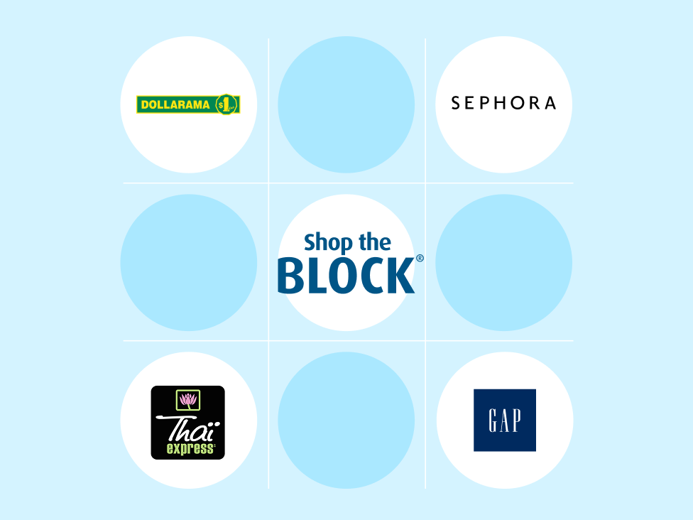 Blue Rewards Shop the Block brand tiles including Dollarama, Sephora, Thai Express, and Gap