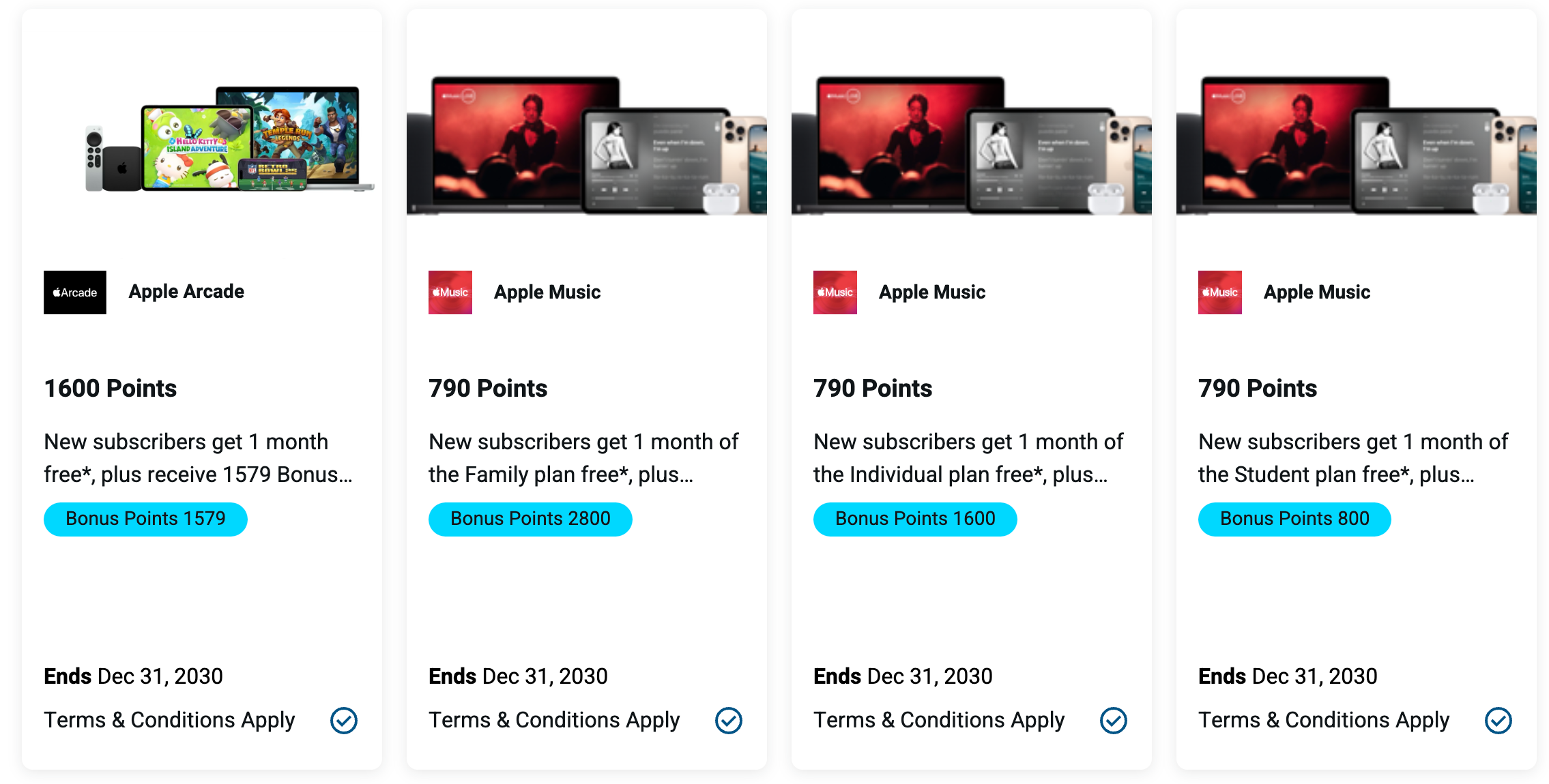 Blue Rewards special offers for Apple Arcade and Apple Music awarding hundreds to over a thousand bonus points