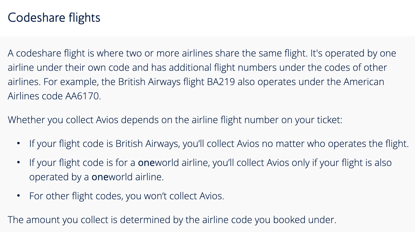 British Airways codeshare Avios collection rules – you collect Avios on any flight booked under the British Airways code regardless of operator