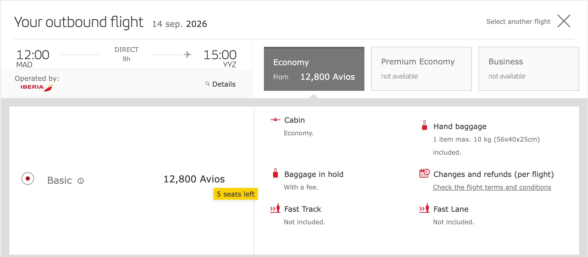 Iberia Club award booking showing Madrid to Toronto economy for 12,800 Avios after the discount