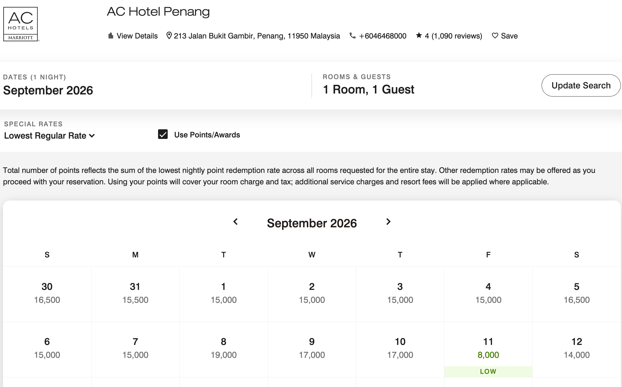 AC Hotel Penang award pricing for September 2026, showing rates up to around 18,000 points per night