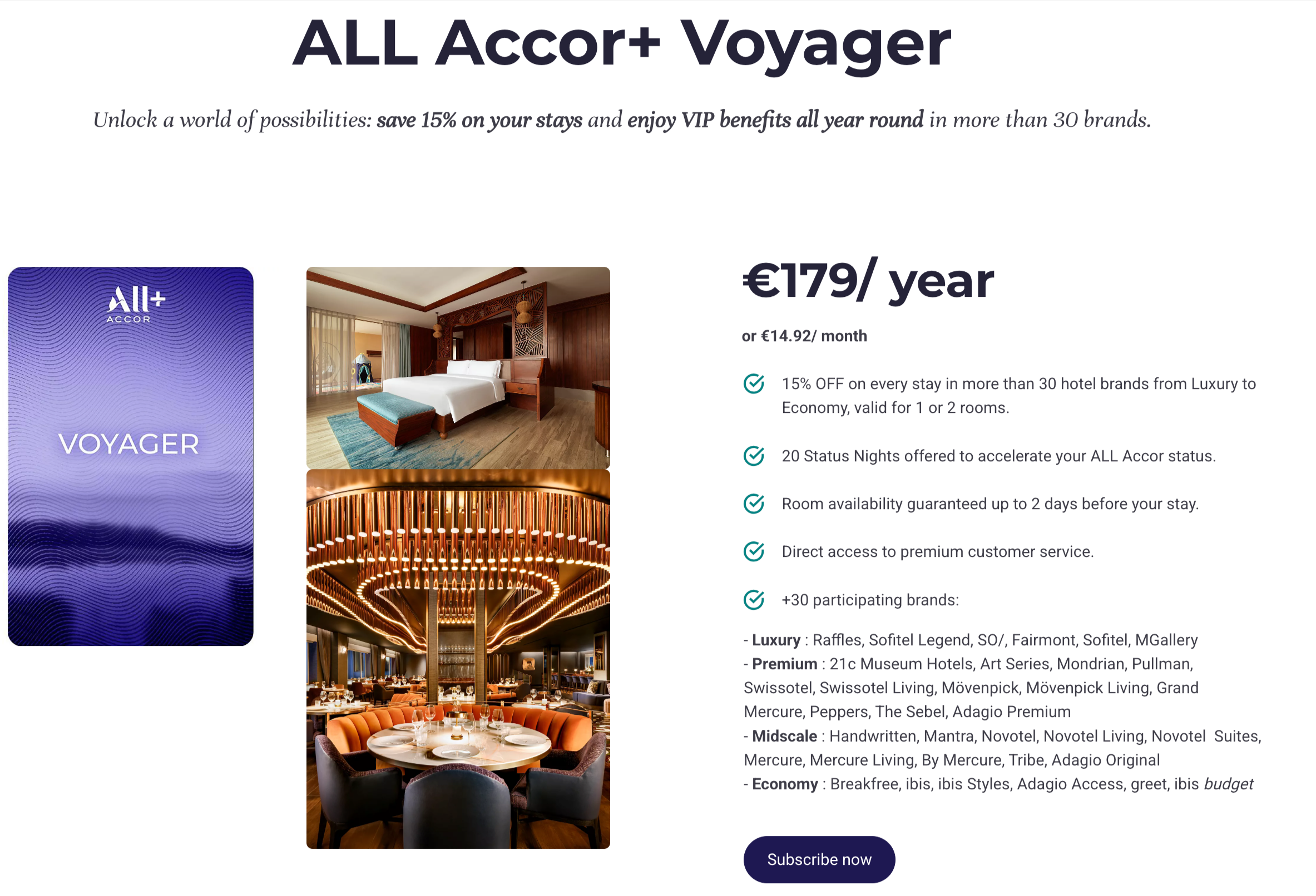 ALL Accor+ Voyager subscription card with pricing and benefits