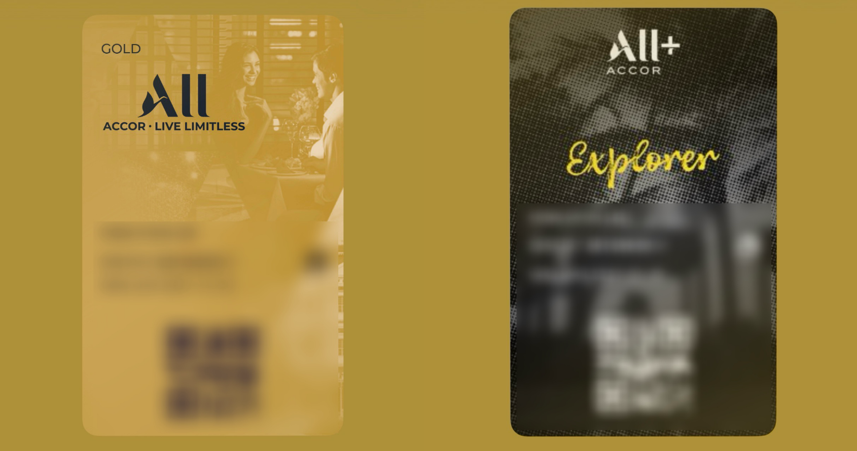 ALL Accor Gold membership card and ALL Accor+ Explorer card side by side in the ALL app