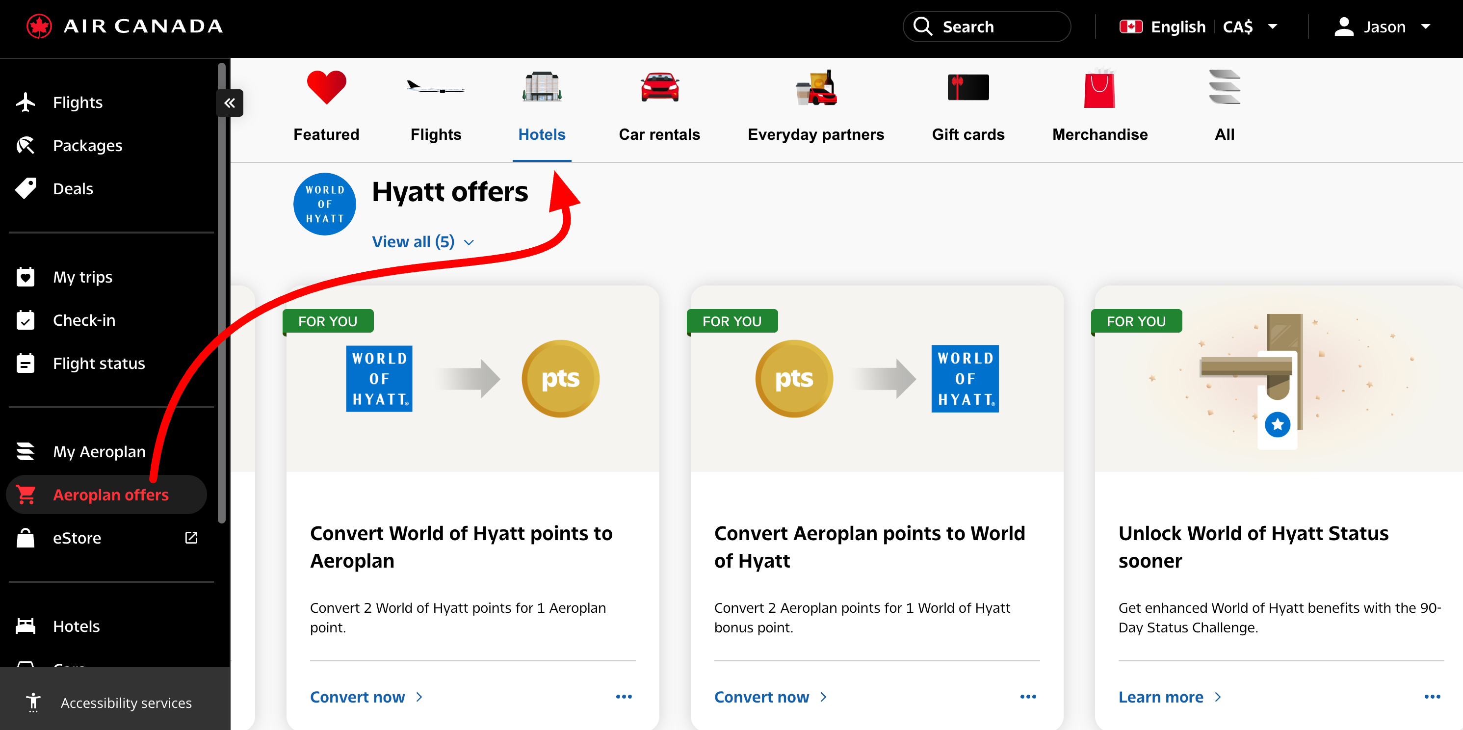 Hyatt offers hub under Aeroplan offers and Hotels on the Air Canada website