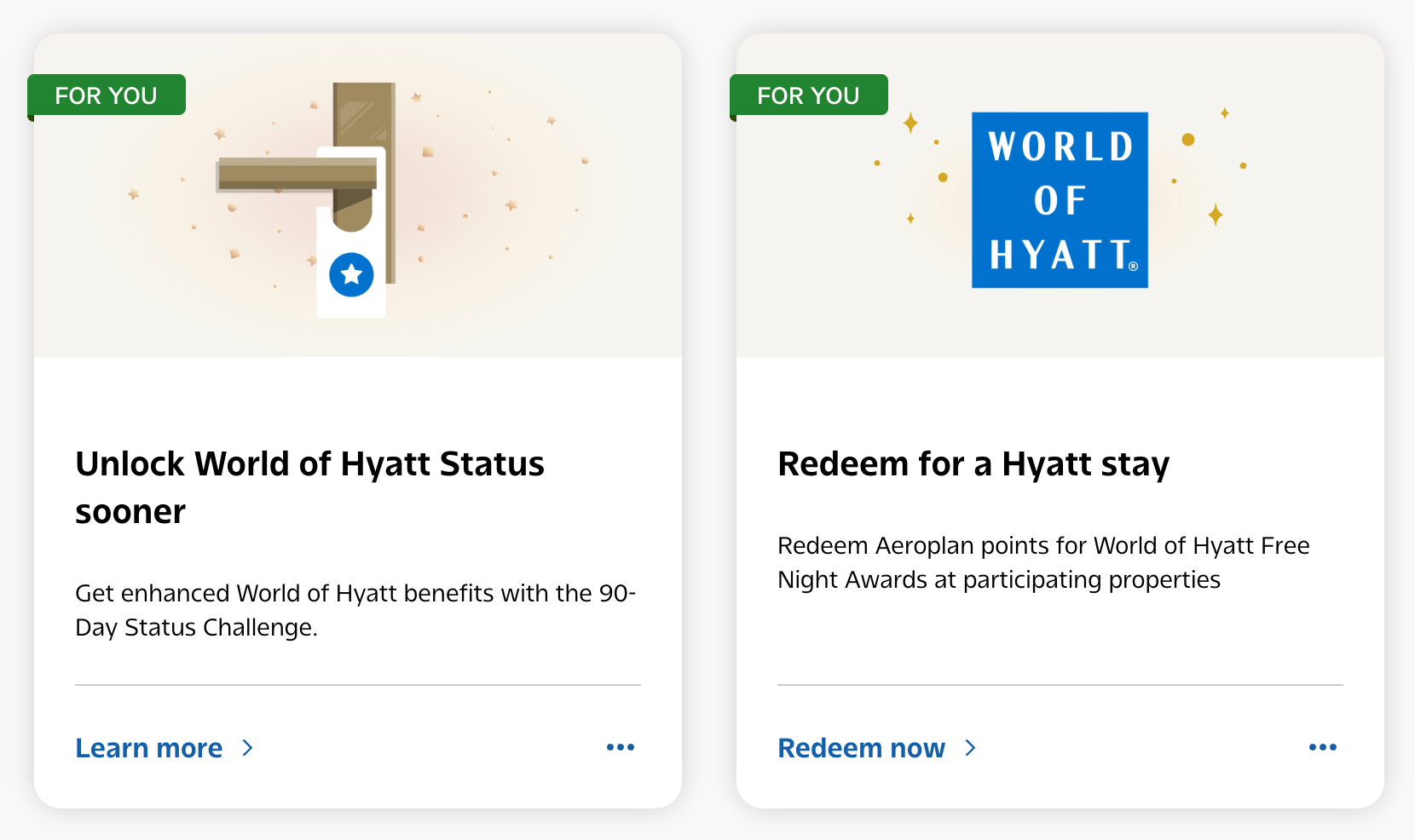 Aeroplan offer cards for the World of Hyatt status challenge and Free Night Award redemptions