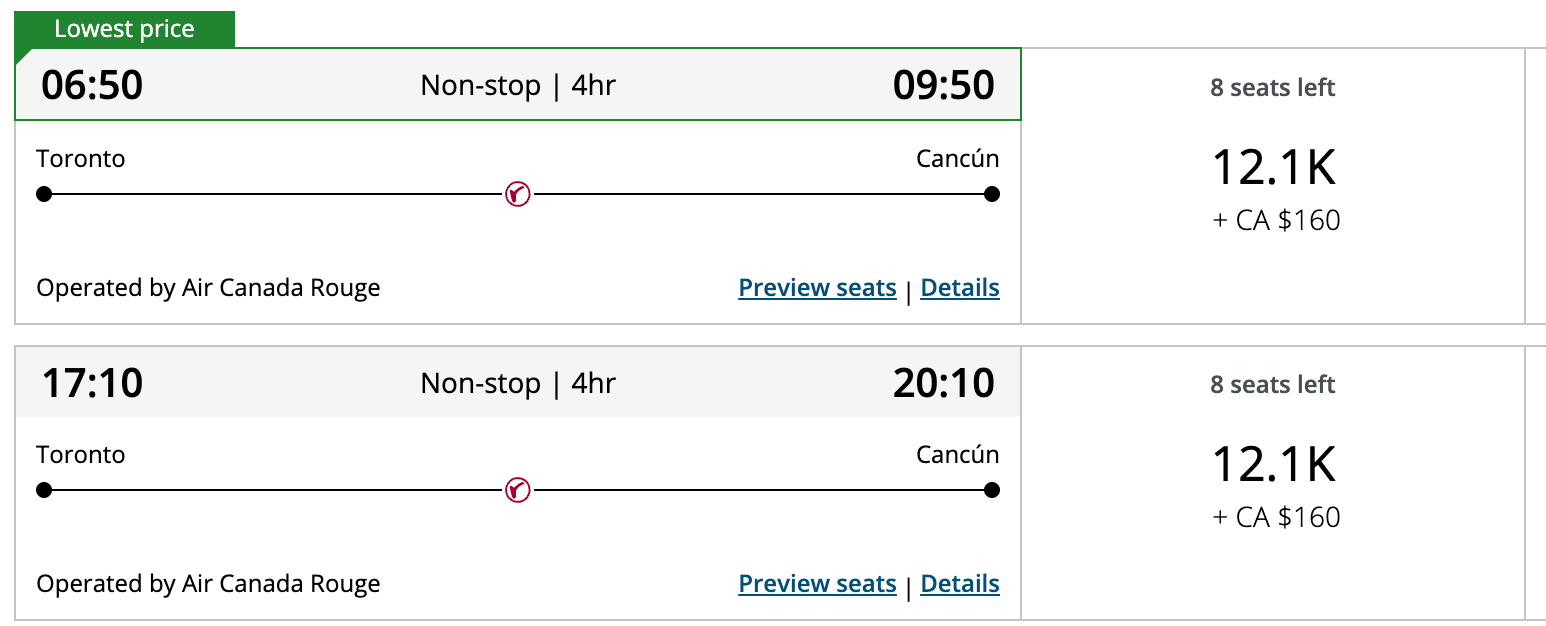 Air Canada award flight to Cancun bookable with Aeroplan points