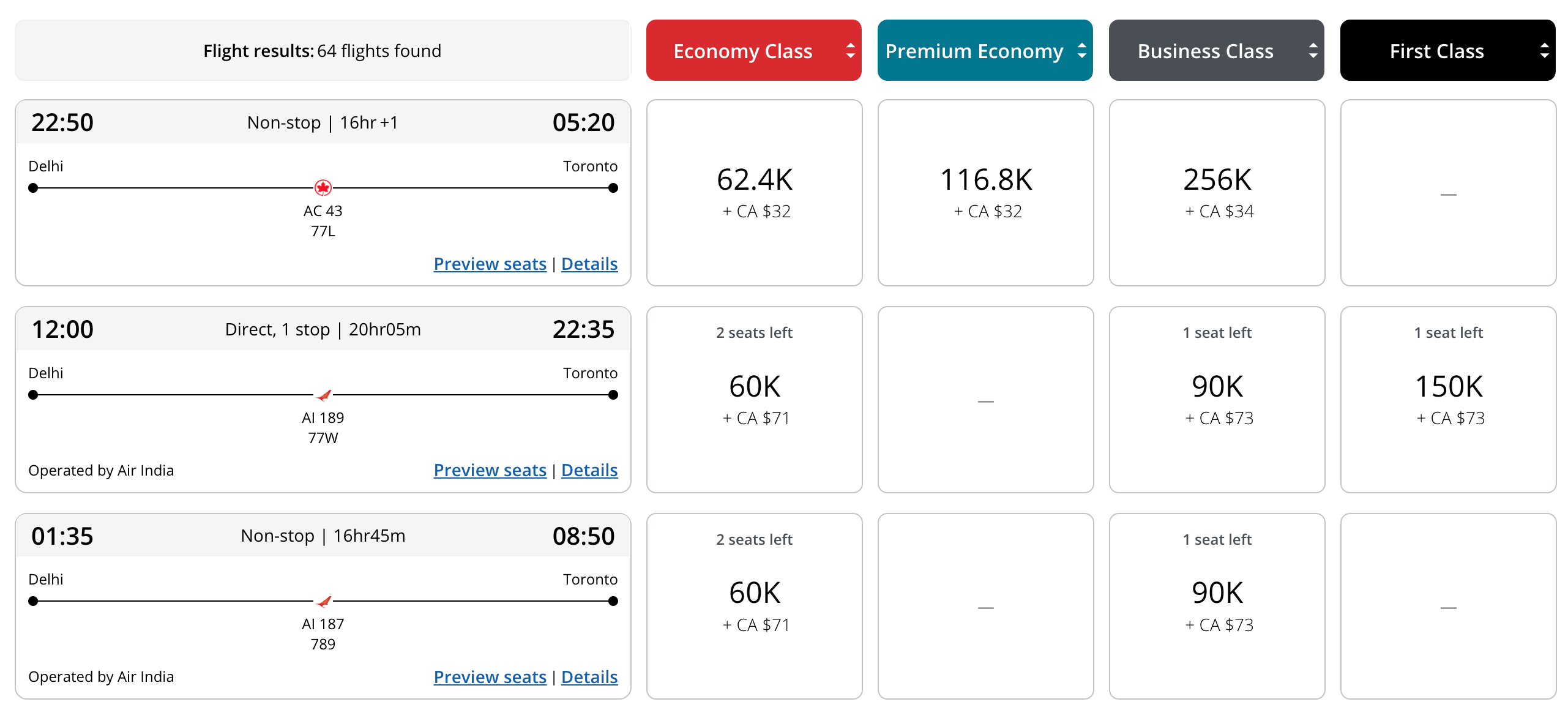 Aeroplan award search for Delhi to Toronto showing Air India and Air Canada points pricing by cabin
