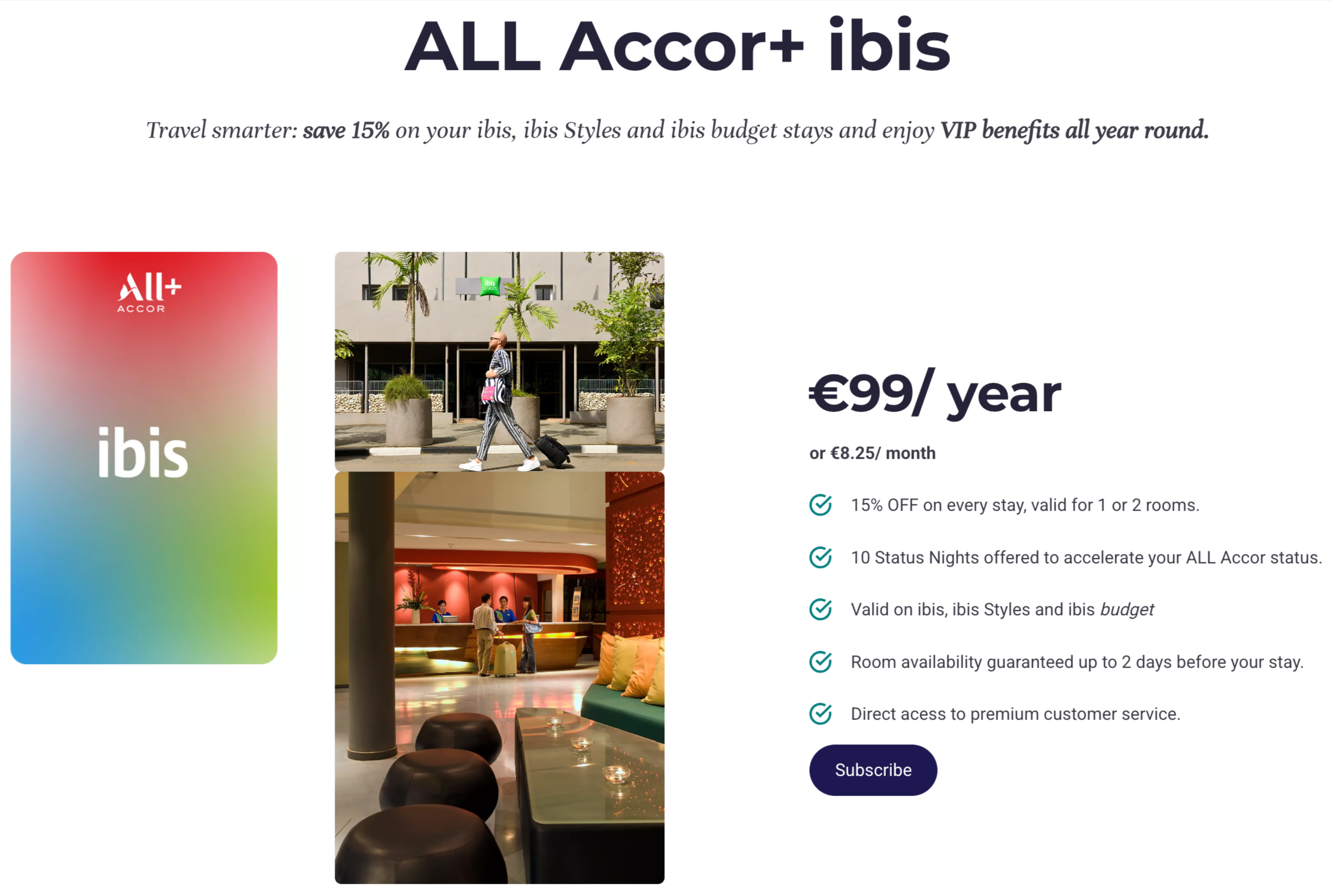 ALL Accor+ ibis subscription card with pricing and benefits