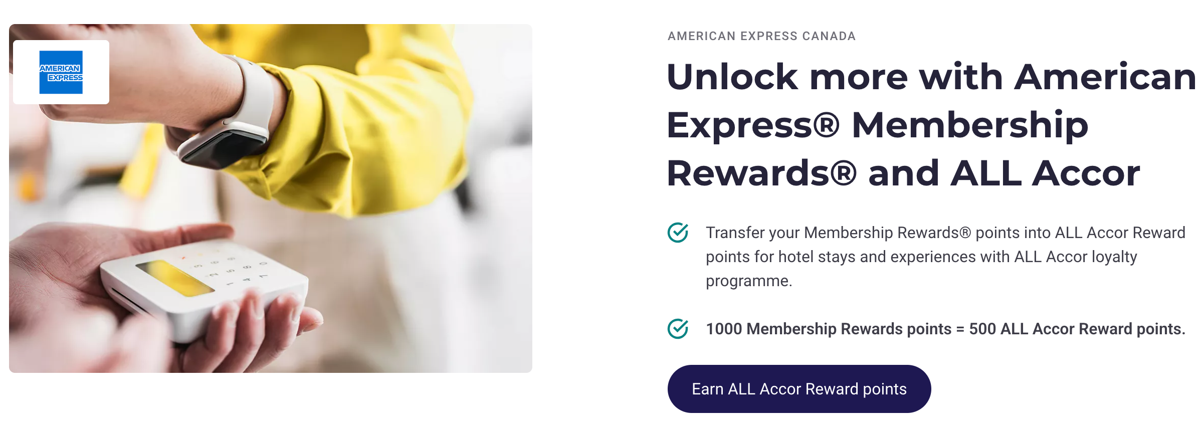 American Express Canada page showing Membership Rewards transfers to ALL Accor