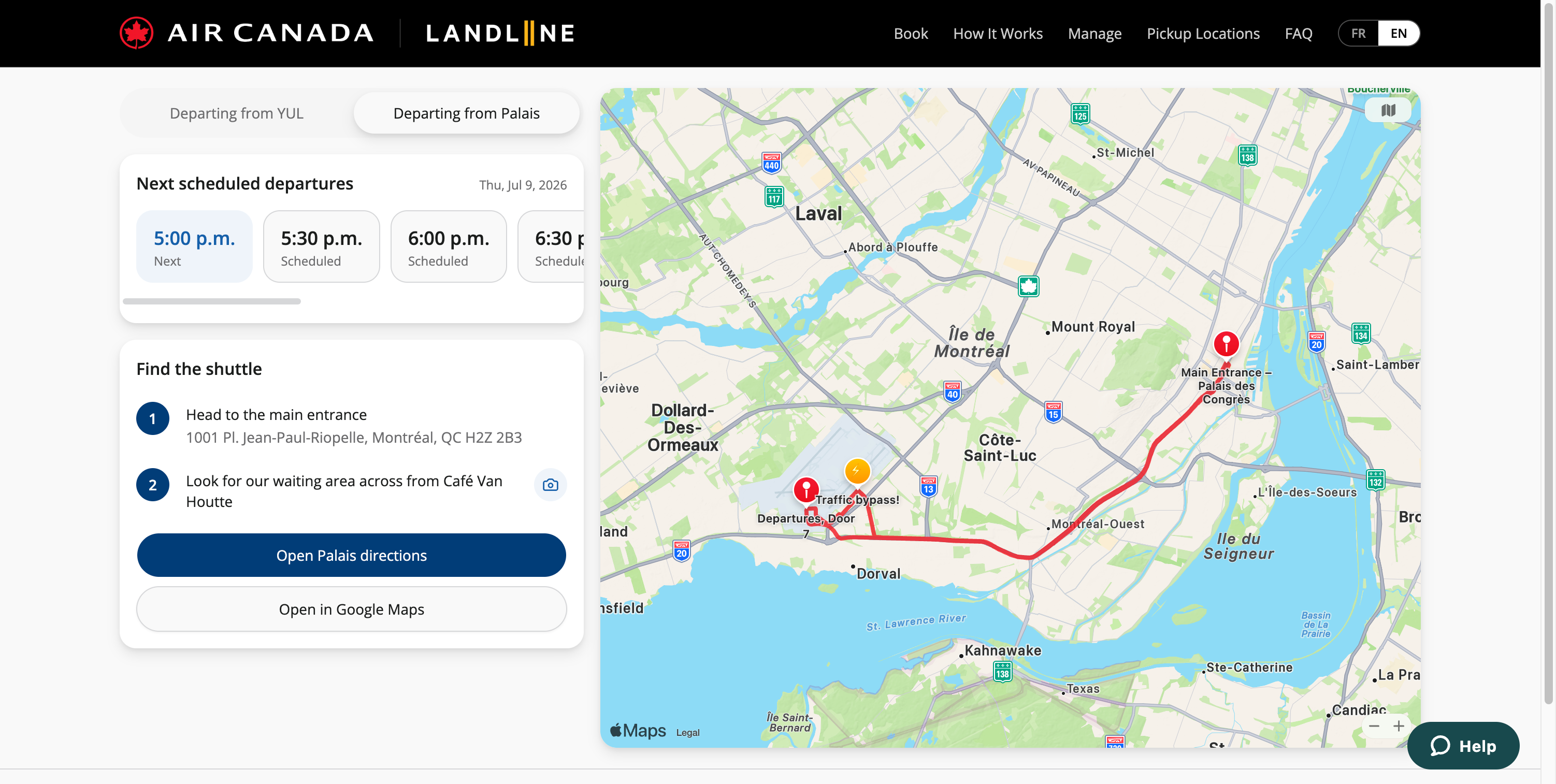 Landline booking site showing the Palais des congrès shuttle route to Montreal-Trudeau airport