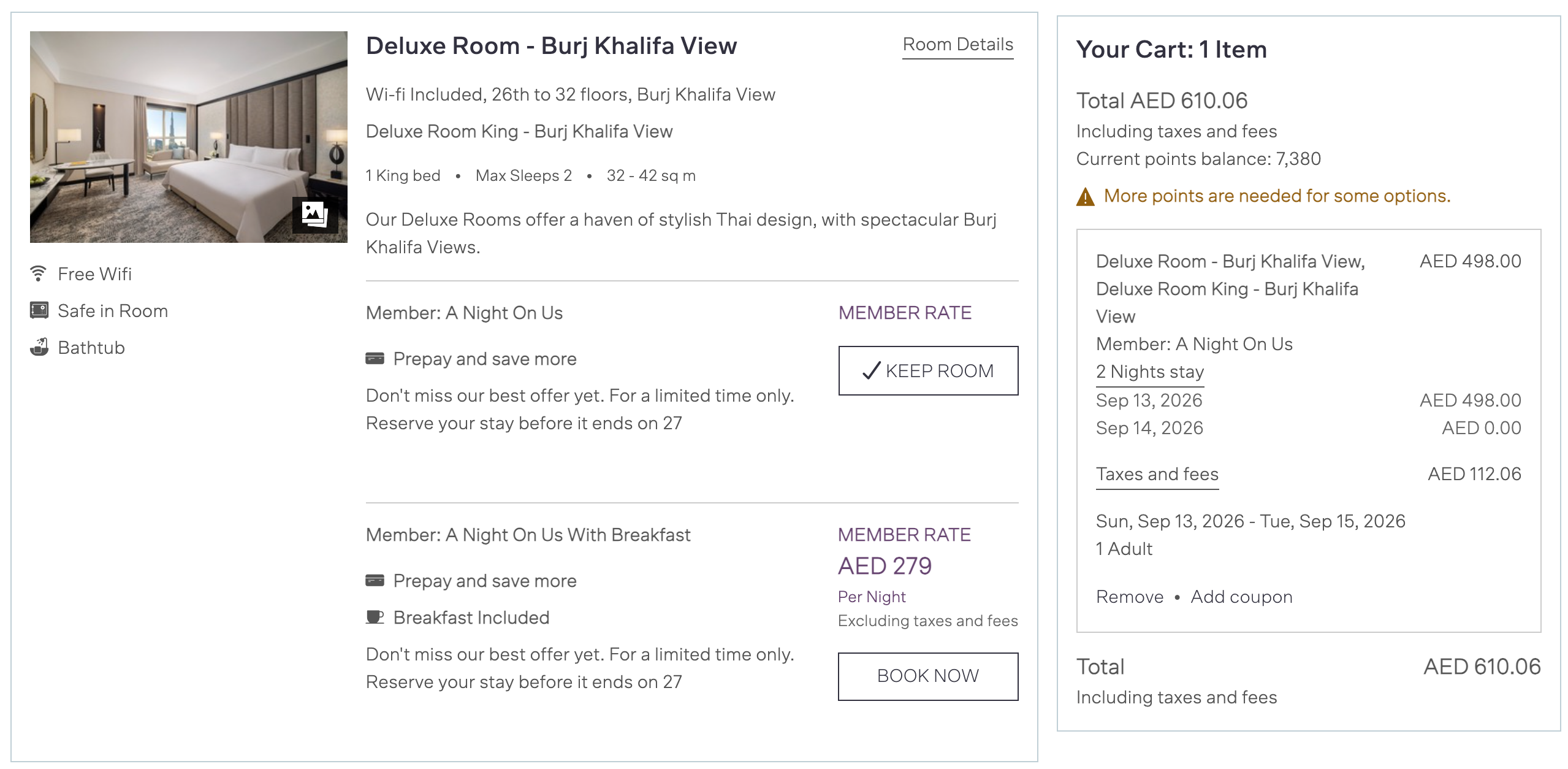 Dusit A Night On Us offer booking screenshot showing a free second night at Dusit Thani Dubai