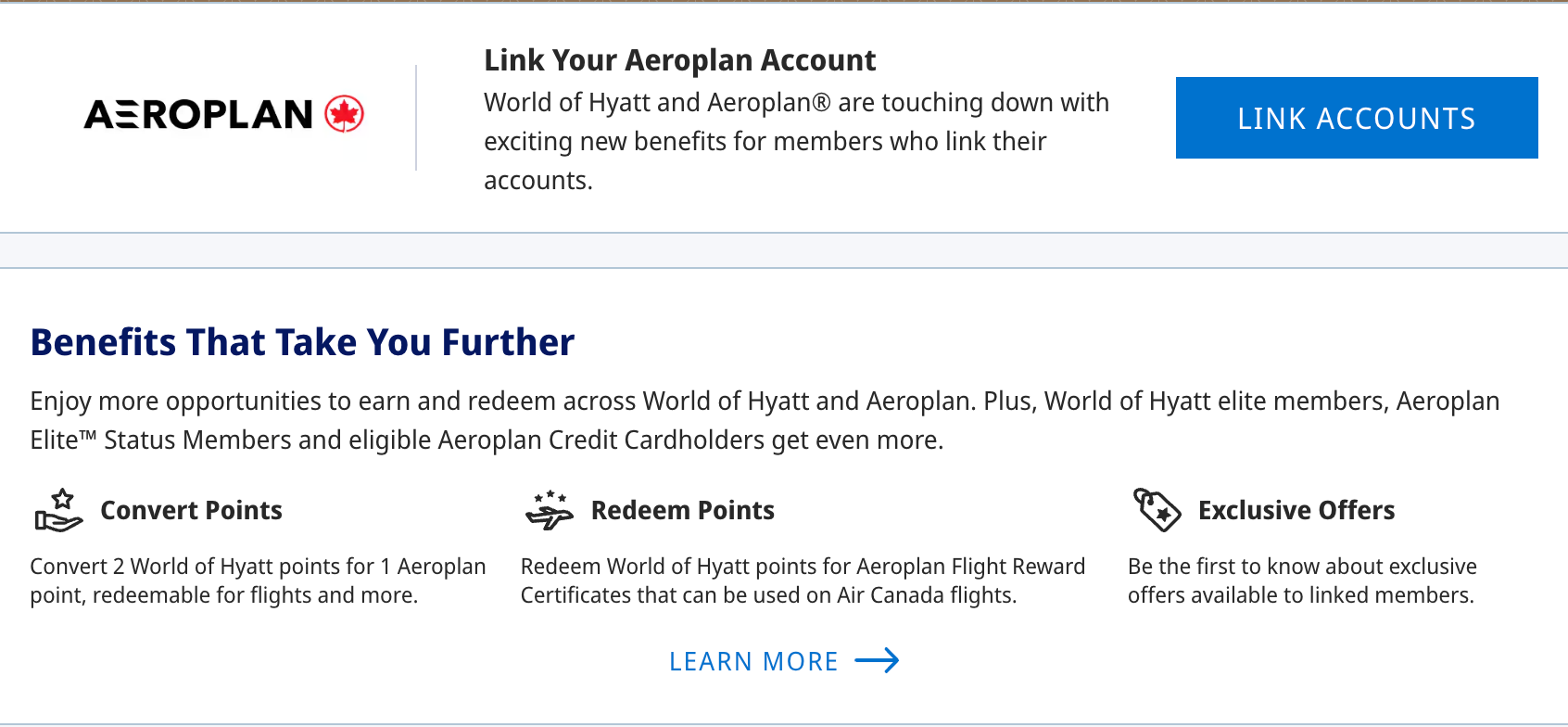 Link Your Aeroplan Account page on the World of Hyatt website