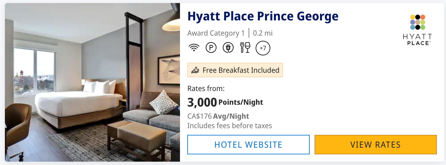 Hyatt Place Prince George award search result showing Award Category 1 and 3,000 points per night