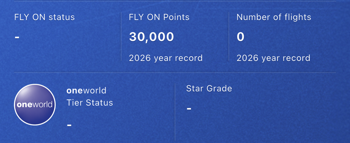 JAL app profile showing 30,000 FLY ON Points recorded for 2026 but no FLY ON status or oneworld tier granted yet