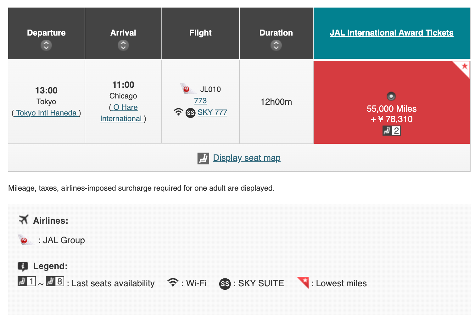 JAL award search showing Tokyo Haneda to Chicago O'Hare business class saver for 55,000 miles plus 78,310 yen in taxes and surcharges