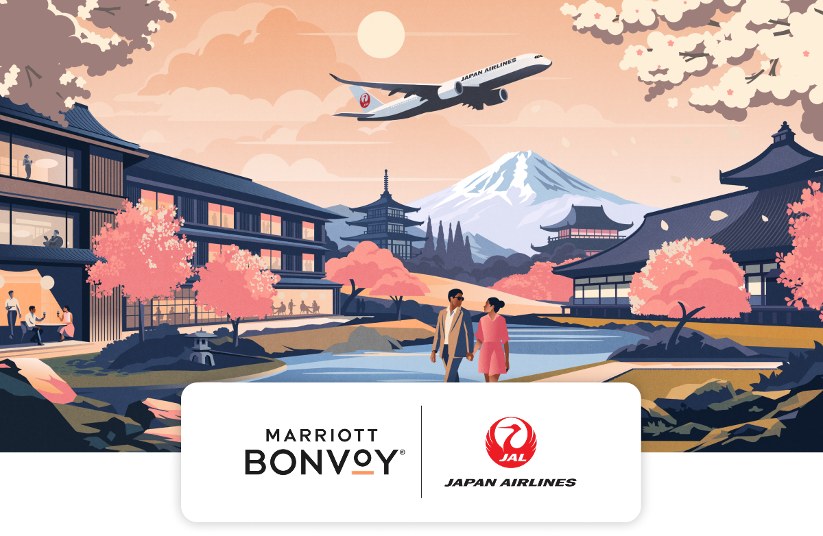 Marriott Bonvoy and Japan Airlines partnership banner showing a JAL aircraft flying over Mount Fuji, cherry blossoms, and hotels
