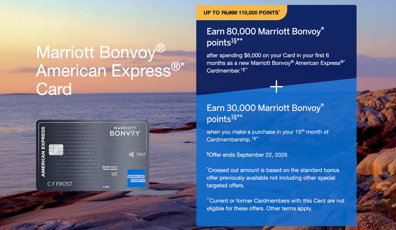 The Marriott Bonvoy American Express Card referral offer: 80,000 points after $6,000 spend in 6 months, plus 30,000 points in month 15, until September 22, 2026
