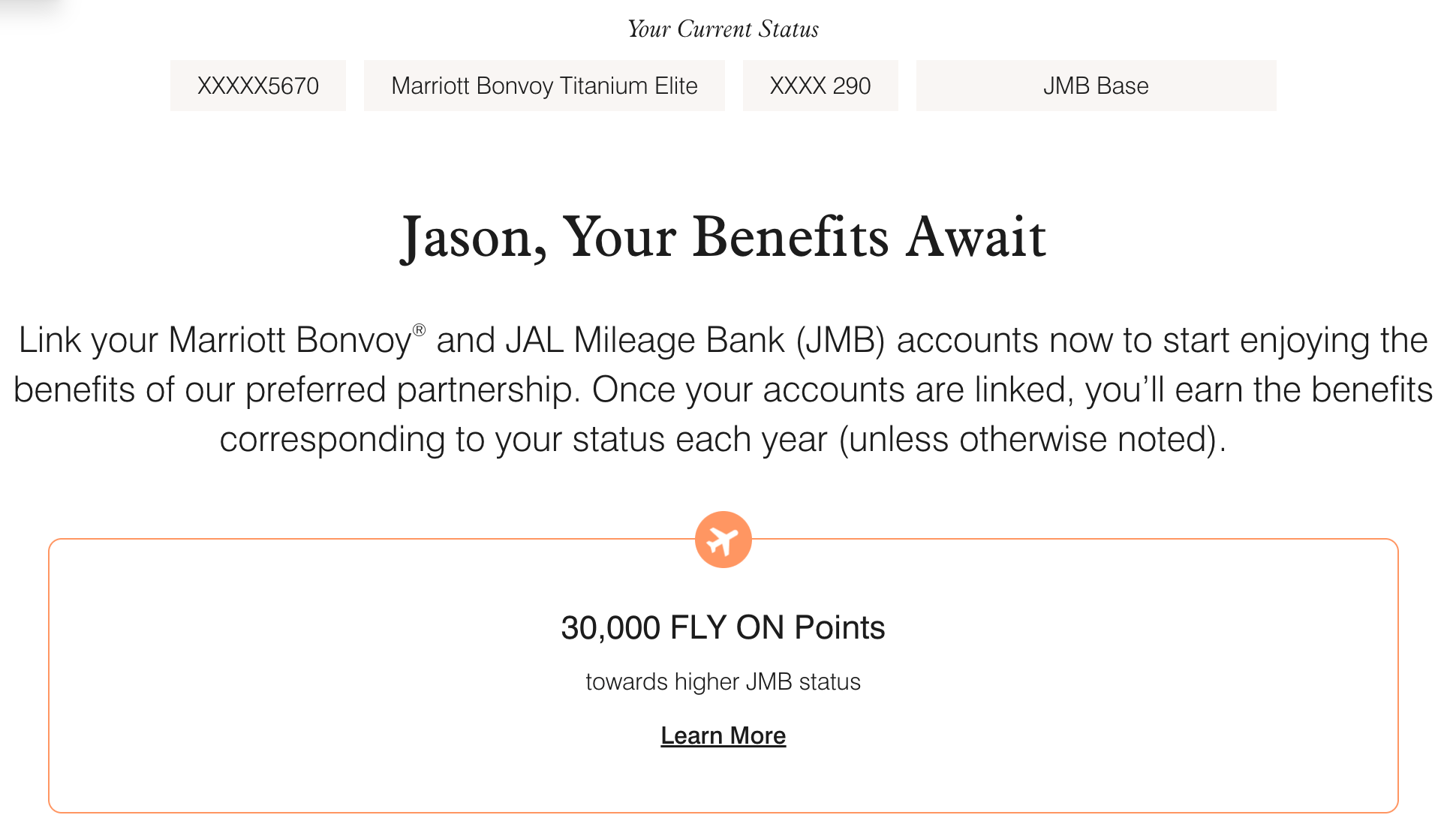 Marriott Bonvoy and JAL account linking page showing a Titanium Elite member eligible for 30,000 FLY ON Points toward higher JMB status