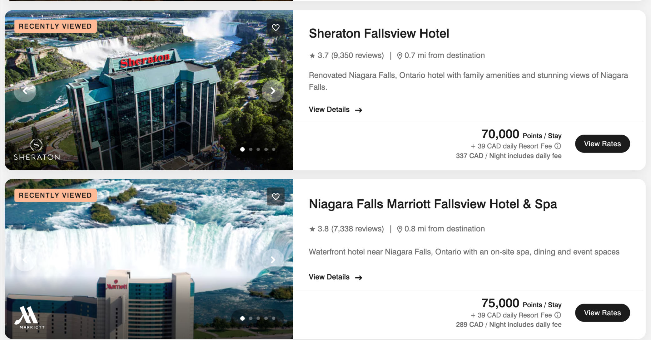 Sheraton Fallsview and Niagara Falls Marriott award pricing in 2026, at 70,000 and 75,000 points per night