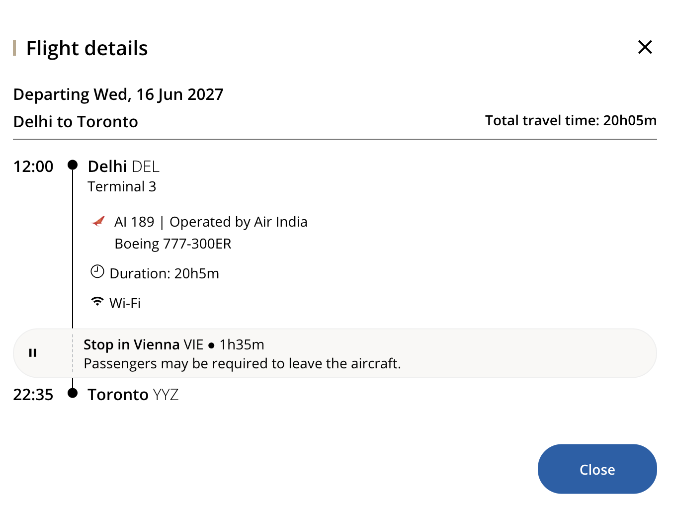 Air India flight AI189 details showing a Boeing 777-300ER with a stop in Vienna