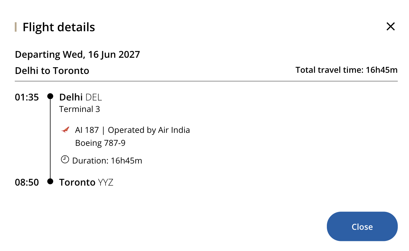 Air India flight AI187 details showing a Boeing 787-9 flying nonstop from Delhi to Toronto