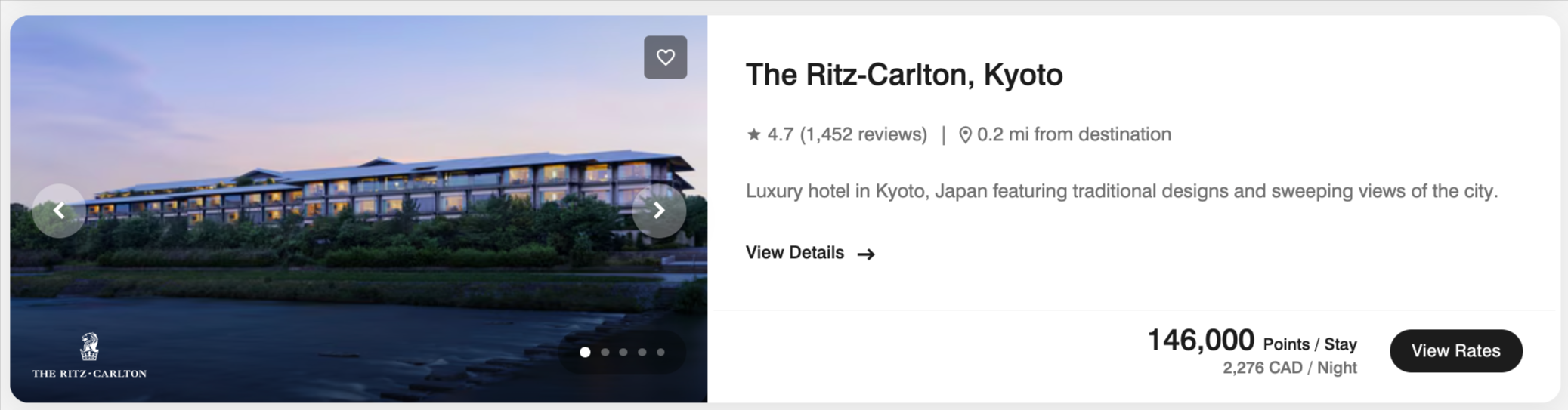 The Ritz-Carlton, Kyoto award pricing in 2026, at 146,000 points per night