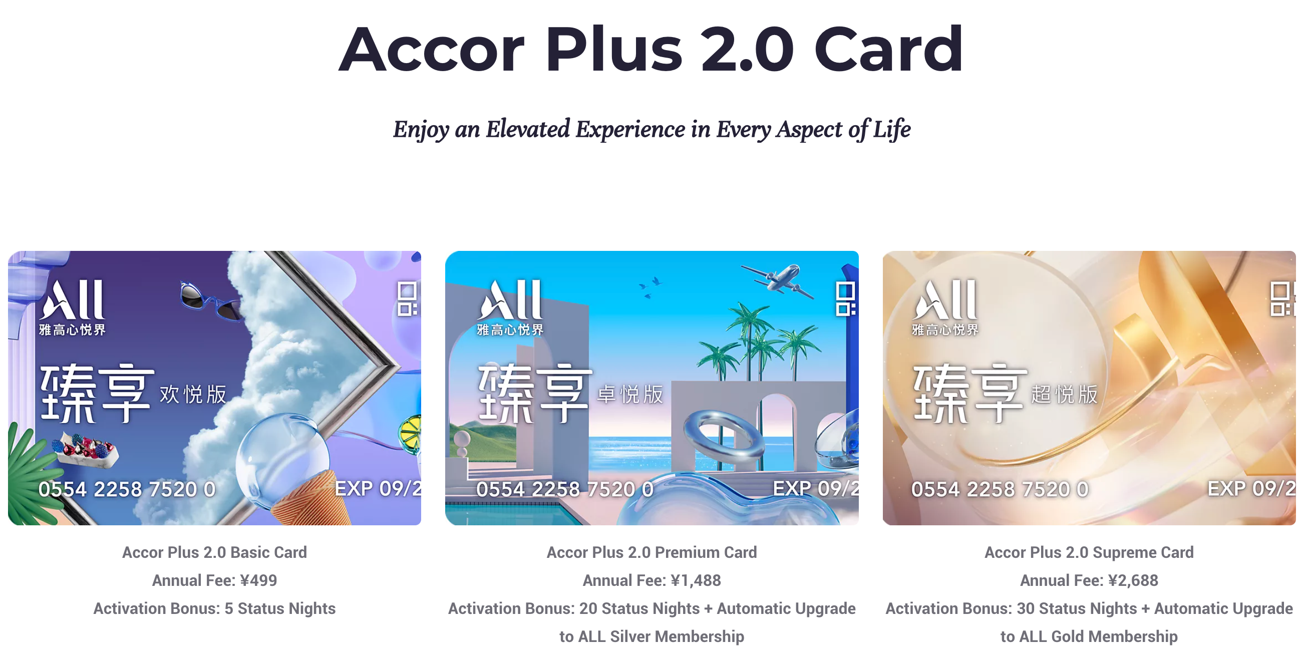 Accor Plus 2.0 Basic, Premium, and Supreme cards with prices and activation bonuses