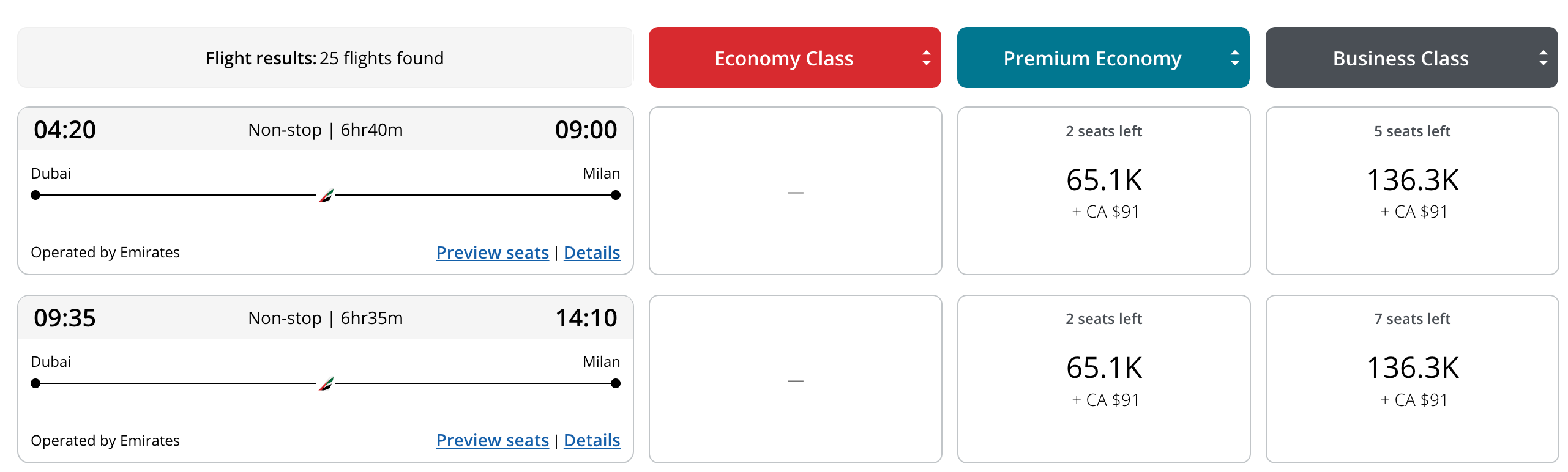 Aeroplan search results showing Emirates premium economy from Dubai to Milan at 65,100 points