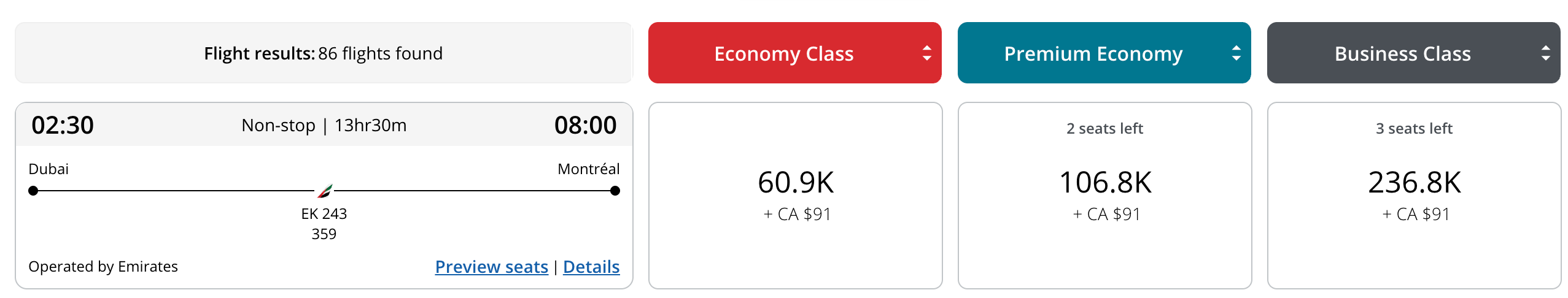 Aeroplan search results showing Emirates premium economy from Dubai to Montreal at 106,800 points