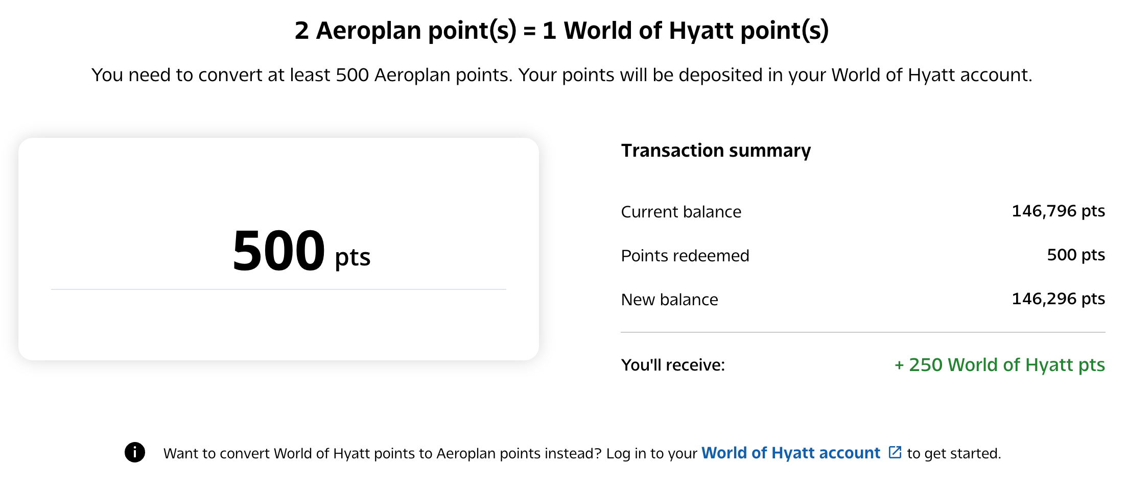 Converting Aeroplan points to World of Hyatt points at a 2:1 ratio